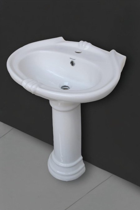 مغسل سيراميك مع عمود – نقش كلاسيكي ناعم